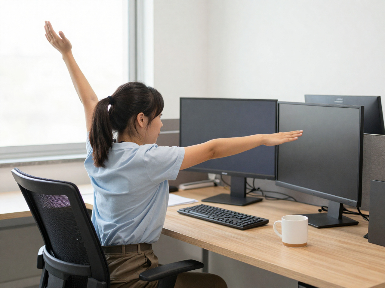 Office worker stretching at desk with Herbalststrainia coach