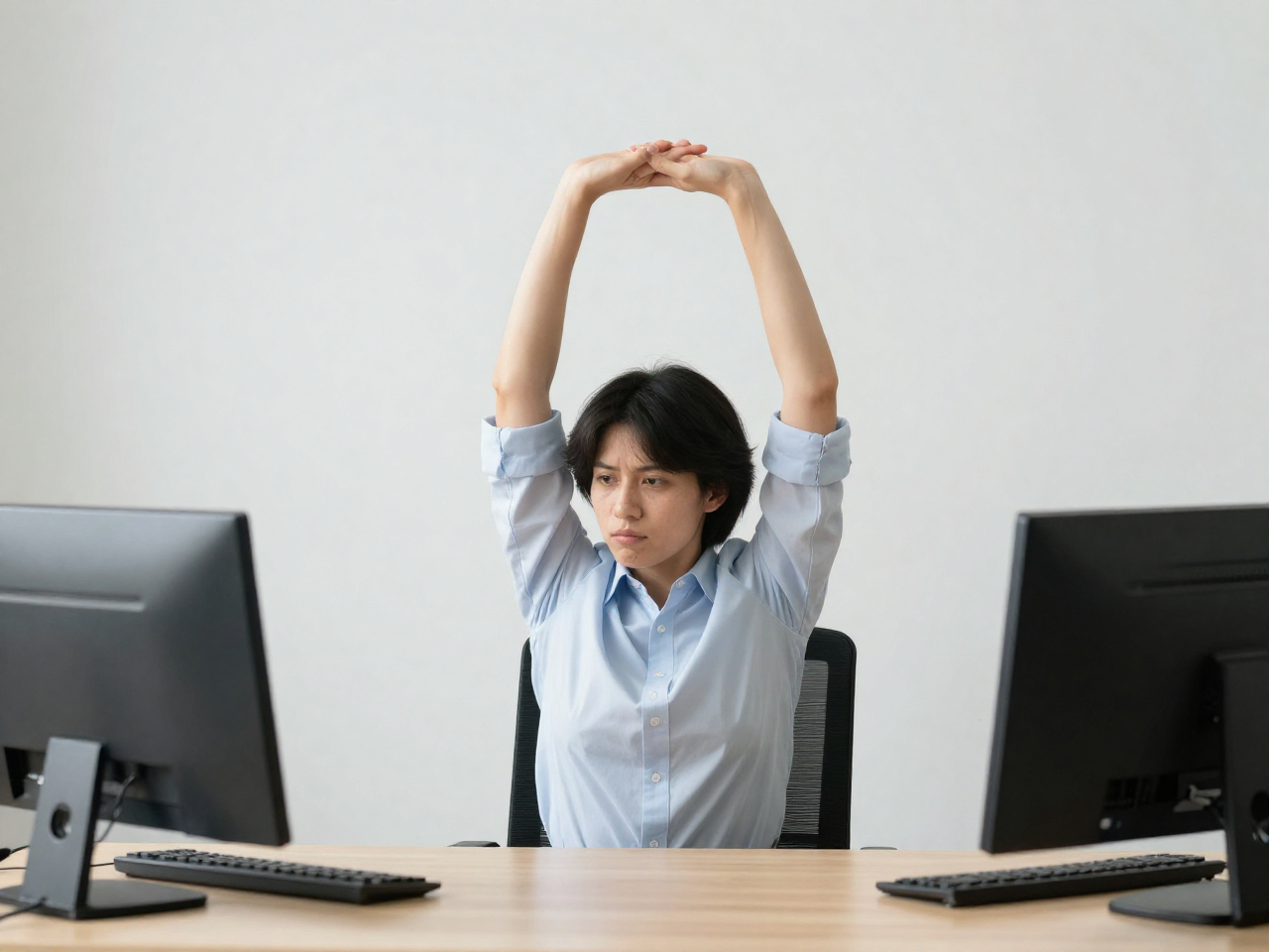 Desk stretch technique demonstrated by Herbalststrainia